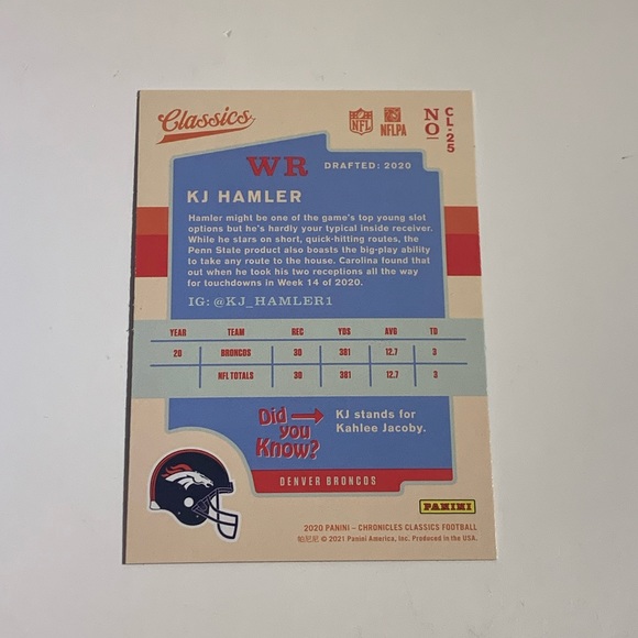 🏈 [5/$10] 2020 PANINI CHRONICLES CLASSICS #CL-25 KJ HAMLER NFL TRADING CARD 🏈 - Picture 2 of 2